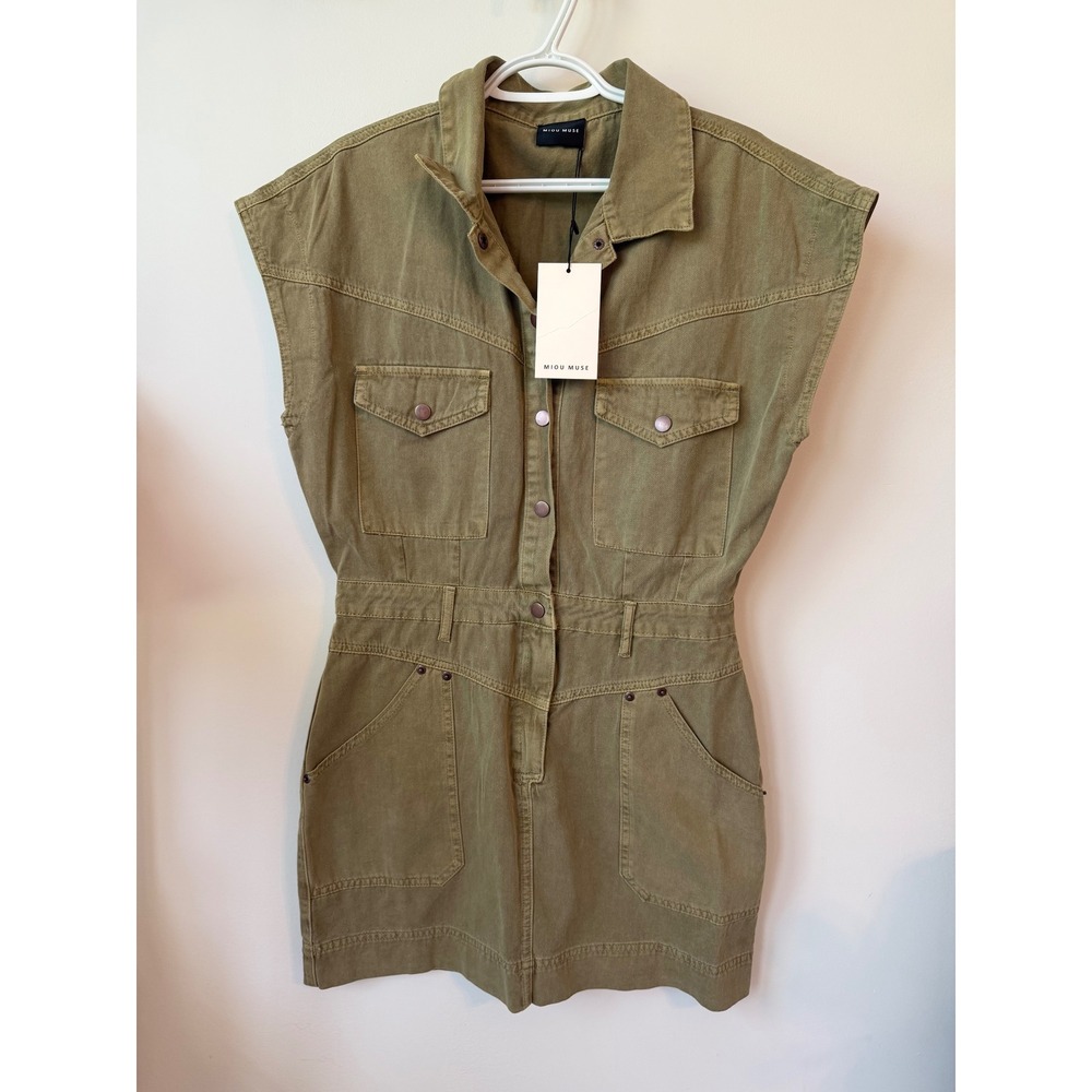 Miou Muse Olive Green Utility Mini Dress Sleeveless Cotton Twill MMD1251 Large